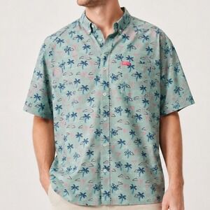 Retro Rifle Mens 3XL Super Stretch Palm Tree Pinup Girl Button Down Shirt Blue